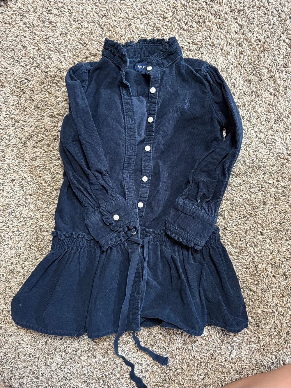 Ralph Lauren Navy Corduroy Ruffle-Trim Dress for Girls
